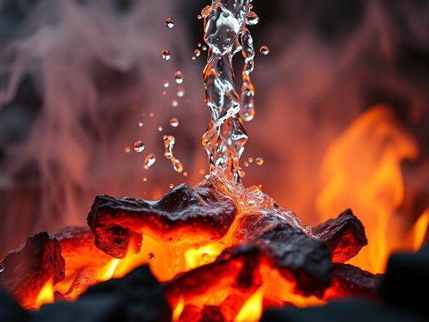 Water Droplets Hitting Glowing Hot Coals in Slow Motion