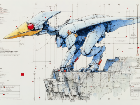 Watercolor and Ink Mechanical Bird Robot on Cliff