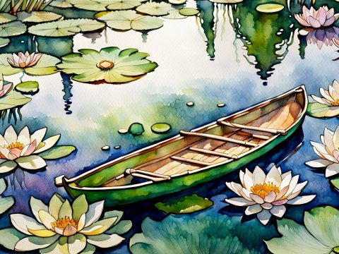Watercolor Boat Among Water Lilies