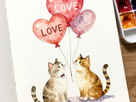 Watercolor Cats with Heart-Shaped Love Balloons