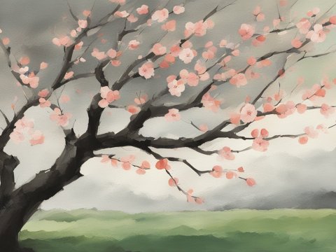 Watercolor Cherry Blossom Tree in Early Spring