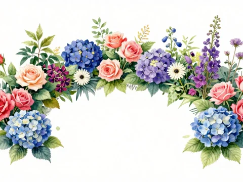 Watercolor Floral Garden Border with Roses and Hydrangeas