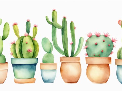 Watercolor Illustration of Potted Cacti