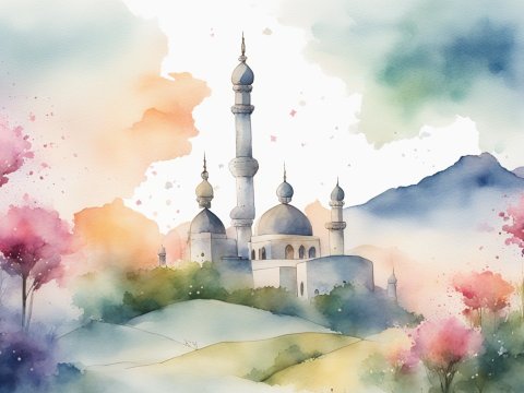 Watercolor Landscape with Mosque and Blossoming Trees