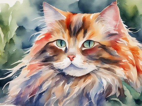 Watercolor Painting of a Long-Haired Cat