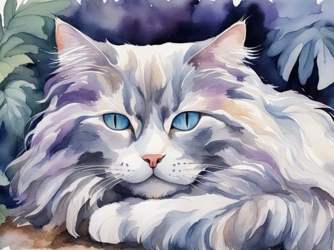 Watercolor Painting of a Long-Haired Cat with Blue Eyes
