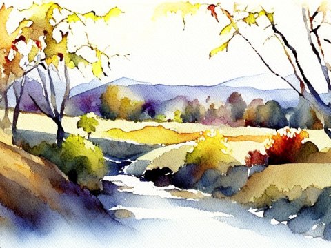 Watercolor Painting of a Vineyard Hill Landscape
