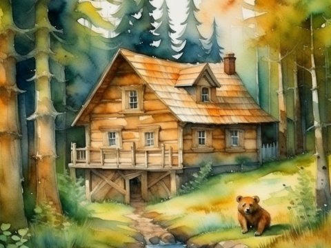 Watercolor Painting of a Wooden Cabin in the Forest with a Bear Cub