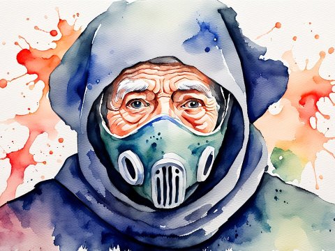 Watercolor Painting of Elderly Person Wearing Protective Mask