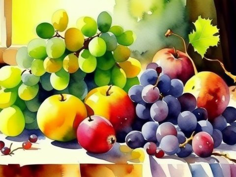 Watercolor Painting of Fresh Grapes and Apples on Table