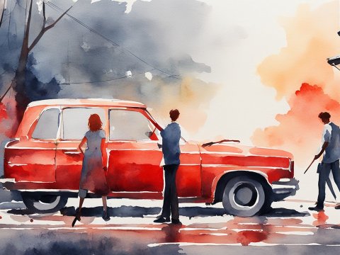 Watercolor Painting of People Around a Red Vintage Car