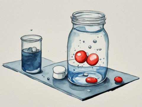 Watercolor Painting of Pills in Glass and Jar