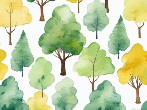 Watercolor Pattern of Green and Yellow Trees