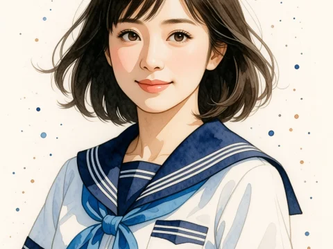 Watercolor Portrait of a Girl in Sailor Uniform