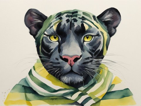 Watercolor Portrait of a Panther with Striped Scarf
