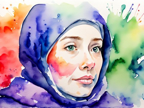 Watercolor Portrait of a Woman in a Blue Hijab