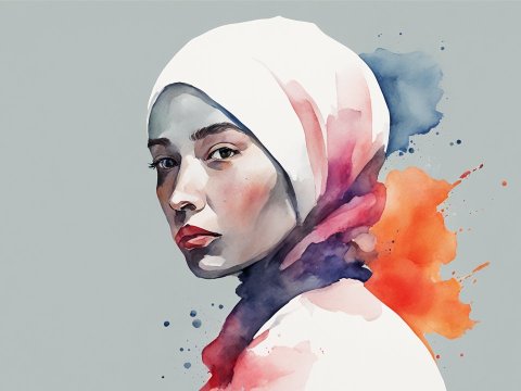 Watercolor Portrait of a Woman in Hijab with Colorful Splashes