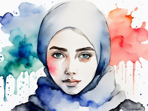 Watercolor Portrait of a Woman in Hijab with Colorful Splashes