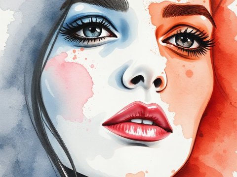 Watercolor Portrait of a Woman with Blue and Red Accents