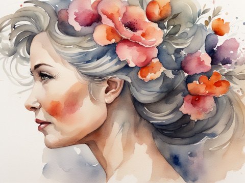 Watercolor Portrait of a Woman with Floral Hair