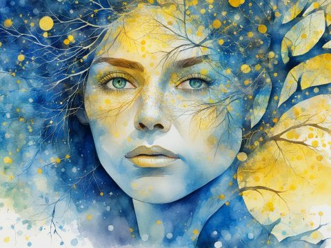 Watercolor Portrait of Woman with Tree Branches