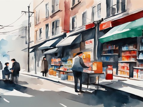 Watercolor Street Market Scene with Shoppers