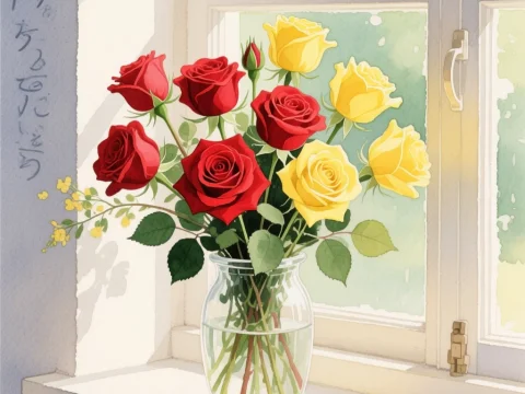 Watercolor Style Bouquet of Red and Yellow Roses on Window Sill