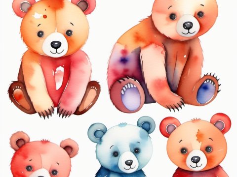 Watercolor Style Cute Teddy Bears Set