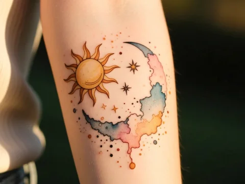 Watercolor Sun and Moon Tattoo with Stars