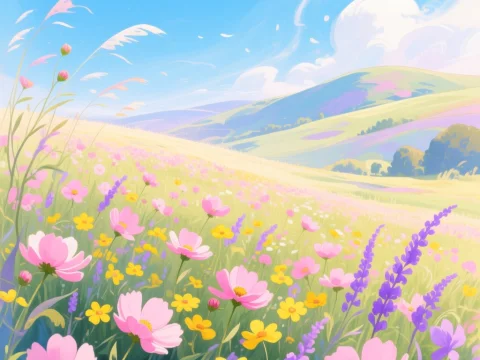 Watercolor Wildflower Field Under a Bright Blue Sky