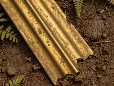 Weathered Brass Molding on Earth with Ferns