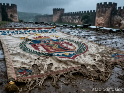 Weathered Byzantine Banner on Muddy Castle Ground