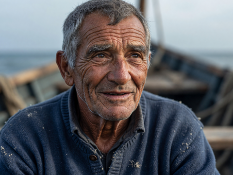 Weathered Fisherman with Kind Eyes on a Boat