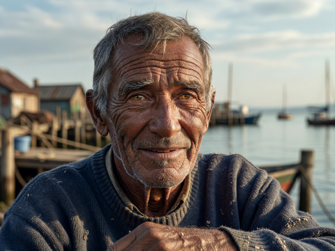 Weathered Fisherman with Kind Gaze by the Harbor