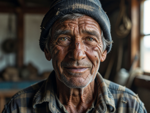 Weathered Fisherman with Warm Gaze in Rustic Setting