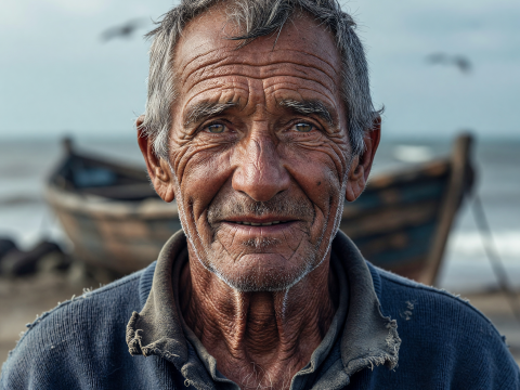 Weathered Gaze of an Elder Fisherman by the Sea