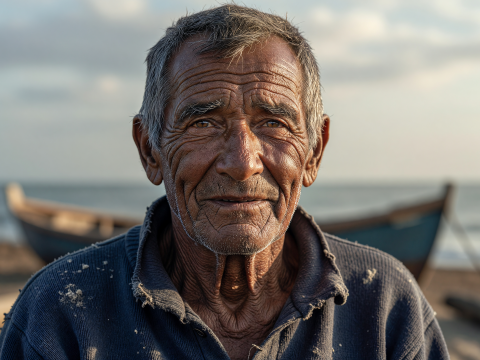 Weathered Gaze of an Elderly Fisherman by the Sea