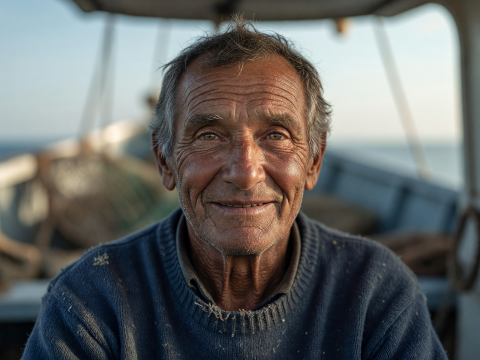 Weathered Gaze of an Elderly Fisherman on Boat