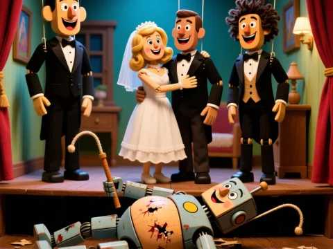 Wedding Puppets on Stage with Broken Robot