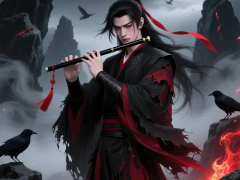 Wei Wuxian Mourning with Flute in Dark Volcanic Landscape