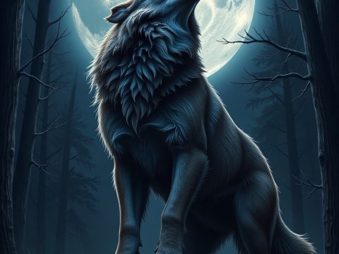 Werewolf Howling at Full Moon in Dark Forest