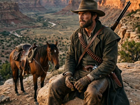 Western Cowboy Resting on Rocky Cliff with Horse