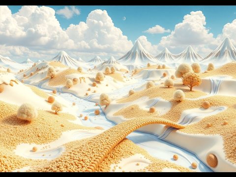 Whimsical 3D Landscape with Textured Hills and Trees