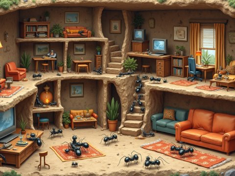 Whimsical Ant Colony Living Room in Underground Cavern