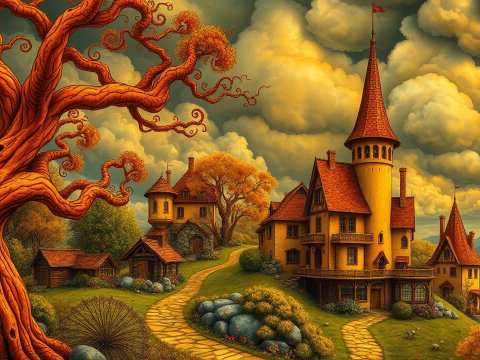 Whimsical Autumn Village with Twisted Trees and Castle Towers