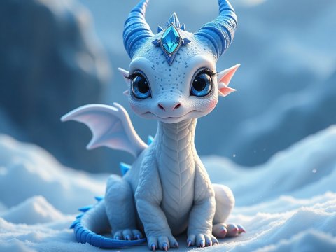 Whimsical Baby Ice Dragon with Blue Gem