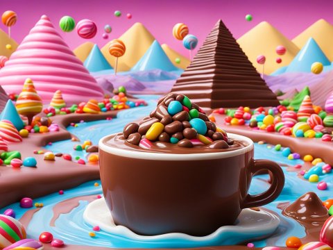 Whimsical Candy Land with Chocolate River and Sweet Mountains