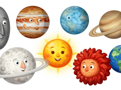 Whimsical Cartoon Solar System with Personified Planets and Sun