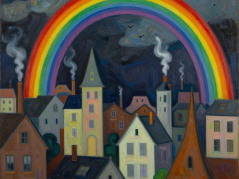 Whimsical Cityscape Under a Vibrant Rainbow