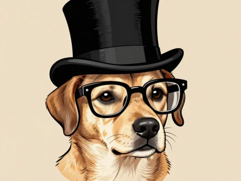 Whimsical Dog Wearing Top Hat and Glasses